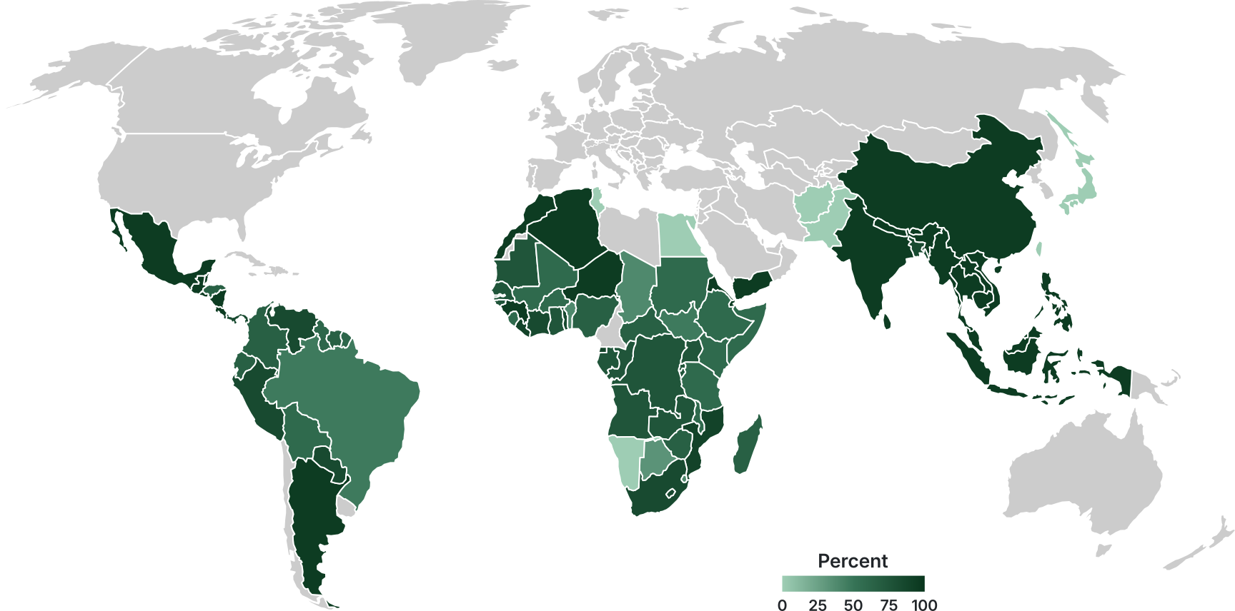 Map showing the percentage of primates categorized as Hunting and Trapping by the IUCN across each primate range country. Most countries in South and Central America, Africa and South East Asia have a percentage above 50%.