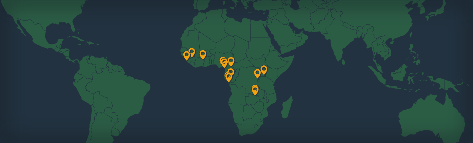 World map with markers in 10 countries across the center of Africa